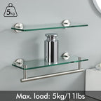 KES Glass Shelves for Bathroom, 16-Inch Glass Floating Bathroom Shelf with Bar 2 Pack Wall Mount SUS 304 Stainless Steel Brushed Finish, A2022S41-2-C1