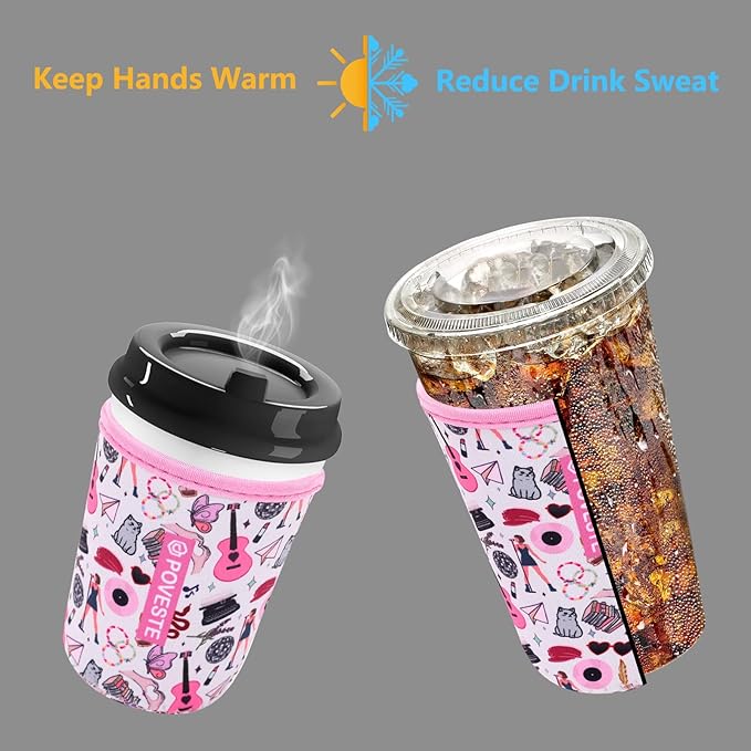 Reusable Neoprene Insulator Sleeve for Iced Coffee & Cold Soda, Coffee Sleeves for Iced & Hot Drinks, Cold Beverage Cooler Compatible with Starbucks, Dunkin (On Tour Pink, Medium: 22-24oz)