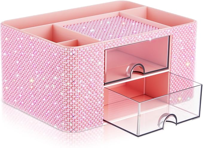 Pink Bling Desk Organizer with 2 Drawer, Sparkly Makeup Organizer for Vanity, Girly Desk Accessories, Rhinestone Pen Holder, Elevate Your Workspace with Pink Serenity (Pearl)