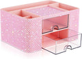 Pink Bling Desk Organizer with 2 Drawer, Sparkly Makeup Organizer for Vanity, Girly Desk Accessories, Rhinestone Pen Holder, Elevate Your Workspace with Pink Serenity (Pearl)