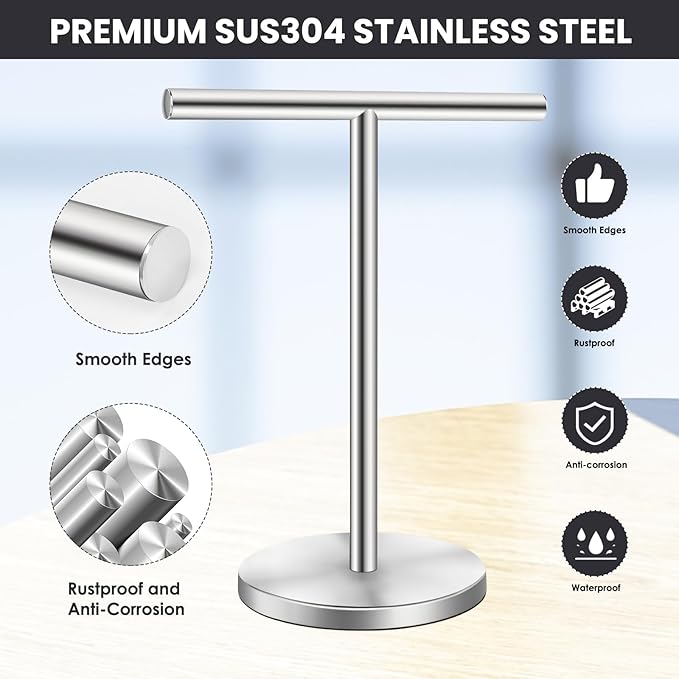 T-Shape Bath Hand Towel Holder Stand, Stainless Steel Free Standing Hand Towel Rack, for Bathroom Kitchen & Countertop, Silver
