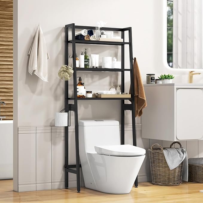 Tangkula Over-The-Toilet Storage Rack, 3-Tier Freestanding Bathroom Space Saver Shelf w/ 2 Hanging Hooks & Toilet Paper Holder, Metal Above Toilet Storage Rack for Bathroom Laundry (Black, 62.5”H)