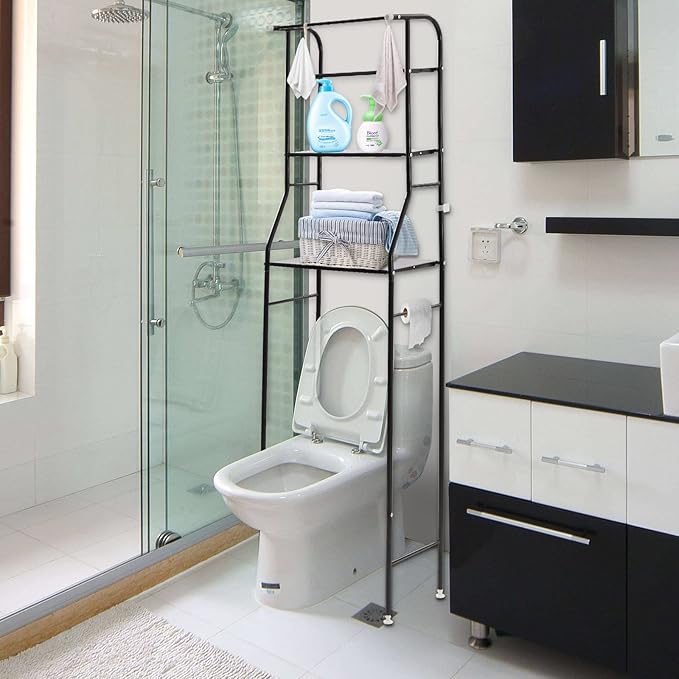 Over The Toilet Storage Rack 3 Tier, Bathroom Organizer Shelf with Hooks 38.5 lbs Capacity, Freestanding Cabinet for Towels Toiletries Metal Shelf, Black