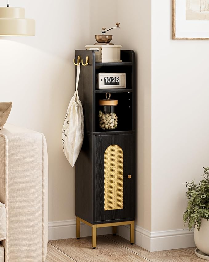 Bathroom Storage Cabinet, Small Corner Floor Hutch with 2Hooks,Narrow Toilet Paper Cabinet with Rattan Door,Bathroom Organizer with Adjustable Shelf, for Small Spaces(Classic-Rattan, Black)