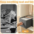 6 Pack Foldable Wardrobe Clothes Organizer with Handle 7 Grids Stackable Closet Drawer Organizer for Jeans, Pants, Sweaters, T-Shirts, Leggings, Grey