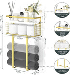 Towel Racks for Bathroom, Bathroom Shelf Over Toilet,Floating Shelves with Towel Rack Paper Holder Storage Basket,Floating Shelves for Wall Decor,Gold