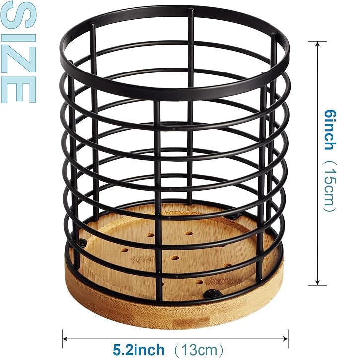 Utensil holder for Kitchen Counter - 5.2" x 5.2" x 6" Large Round with Wooden Base Matte Black Cooking Utensil Holder Utensil Organizer (Metal+Bamboo)