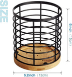 Utensil holder for Kitchen Counter - 5.2" x 5.2" x 6" Large Round with Wooden Base Matte Black Cooking Utensil Holder Utensil Organizer (Metal+Bamboo)