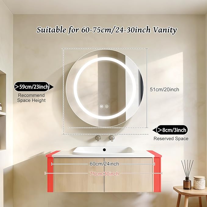 20inch Round Medicine Cabinet with Lights,Led Medicine Cabinet with Defogger,Illuminated Mirror Cabinet for Bathroom,Dimmable,Anti-Fog,3 Colors,Surface Mount Only