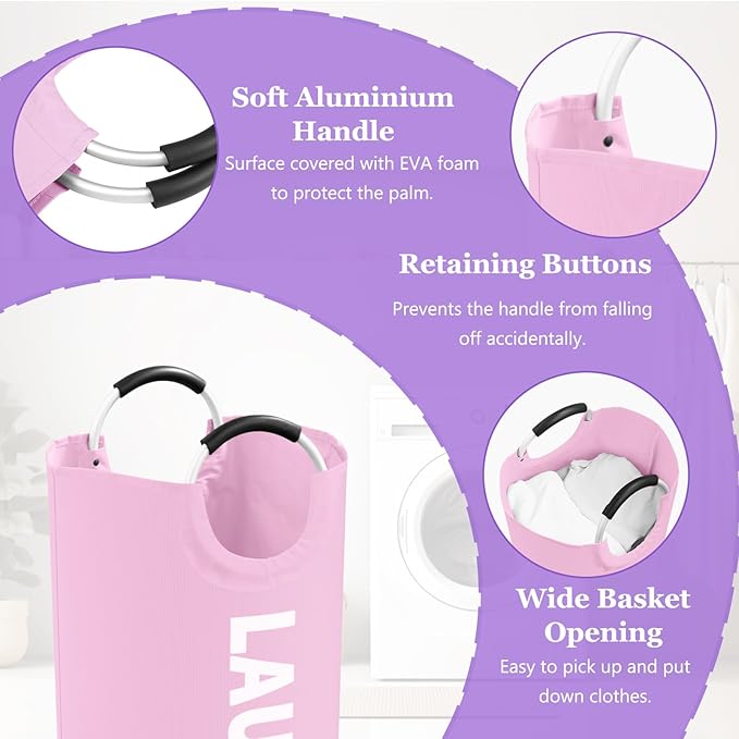 2Pcs Foldable Pink Laundry Basket for Family, 95L Portable Laundry Baskets with Aluminum Handles, Multi-functional Dirty Clothes Hampers for Dorm, Travel, Pink