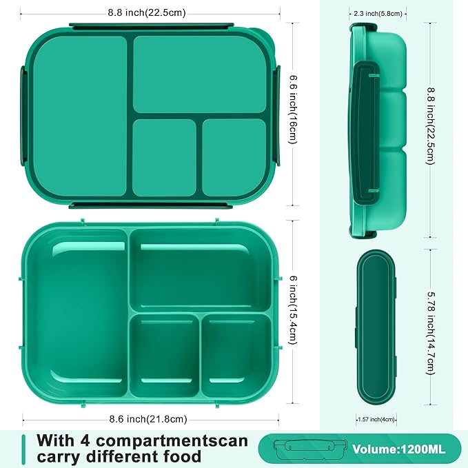Lunch Box Kids,Bento Box Adult,Leakproof Lunch Containers for Adults/Kids/Toddler,1200ML-4 Compartments bento Lunch box with Utensil,Microwave & Dishwasher & Freezer Safe (Green)