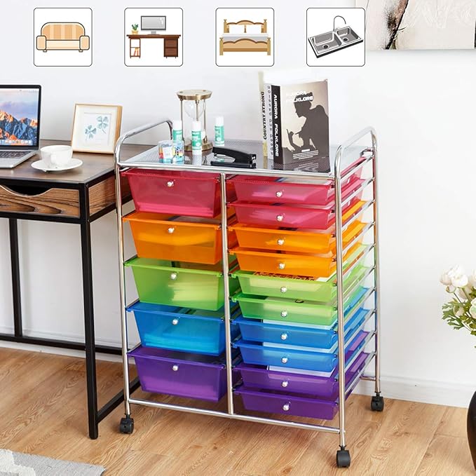 RELAX4LIFE 15 Drawer Rolling Storage Cart, Mobile Drawer Carts for Craft Art Supply Paper Salon, Utility Cart on Wheels for Classroom Teacher School Office, Rolling Cart with Drawers (Color)