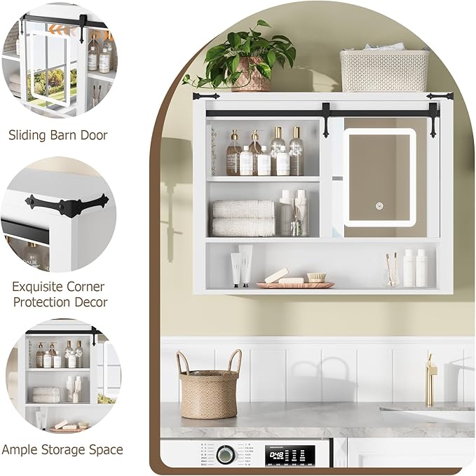 QUW 31" Farmhouse Bathroom Wall Cabinet, Bathroom Medicine Cabinets with Mirror, Over Toilet Wall Storage Cabinet, 3 Lighting Modes, Adjustable Brightness, Jewelry Holder, Sliding Door, White