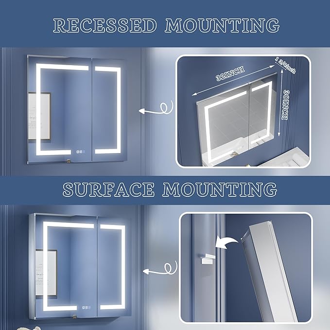 ExBrite LED Lighted Bathroom Medicine Cabinet with Mirror, 32 x 30 Inch, Recessed or Surface Mount, Anti-Fog, Stepless Dimming, Color Temperature Change, Built-in 6000K Sensor Light, Storage Shelves