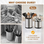 Extra Large Utensil Holder for Kitchen Counter, 360°Rotating Cooking Utensils Holder for Countertop, Stainless Steel Utensil Crock for Spatula,Spoon, 3 Compartment Metal Silverware Crocks for Flatware