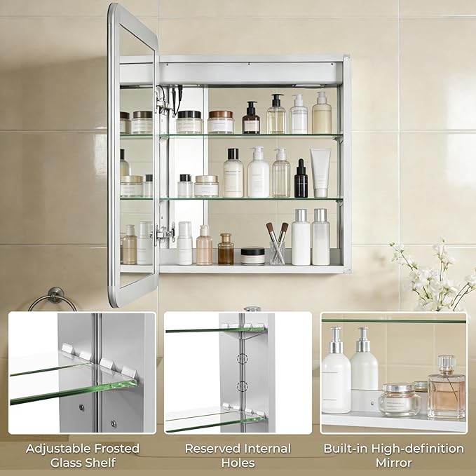 22 x 28 LED Bathroom Medicine Cabinet, Rounded Corner Aluminum Frame Lighted Mirror Cabinet with 3-Color Dimmable Lighting, Memory Function & Anti-Fog, Recessed or Surface Mount Installation