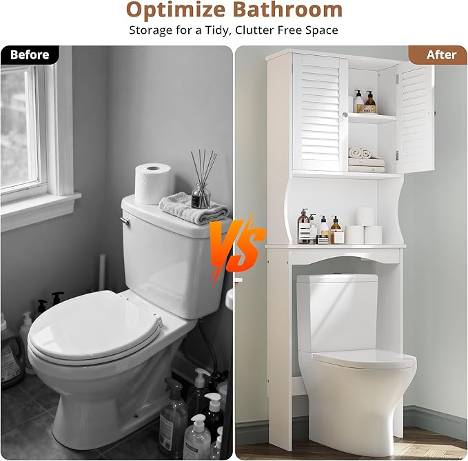 GAOMON Over The Toilet Storage Cabinet,Space-Saving Above Toilet Bathroom Organizer with Adjustable Shelf and Hooks, Bathroom Shelf Over Toilet with Anti-Tip Device,White
