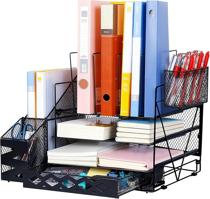 WCHOSOZH Mesh Desk Organizer, 4-Tier Paper File Holder with Letter Tray and 2 Pen Holders, Metal Desk Organizers and Accessories, Large Desktop Organizer for Office Home School Supplies(Black)