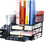WCHOSOZH Mesh Desk Organizer, 4-Tier Paper File Holder with Letter Tray and 2 Pen Holders, Metal Desk Organizers and Accessories, Large Desktop Organizer for Office Home School Supplies(Black)