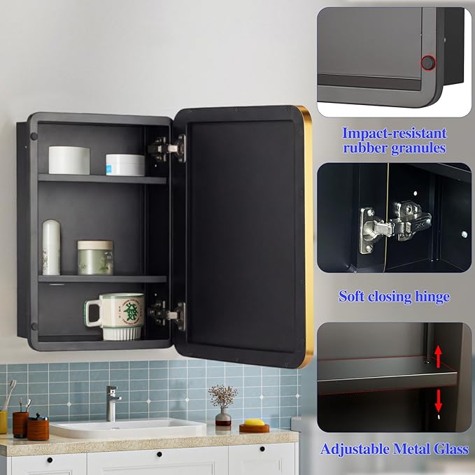 20" x 26" Bathroom Medicine Cabinet with Mirror Door, Brush Gold Stainless Steel Frame, Recessed or Surface Mounted,Storage Cabinet with Adjustable Metal Shelves,Upgraded Version