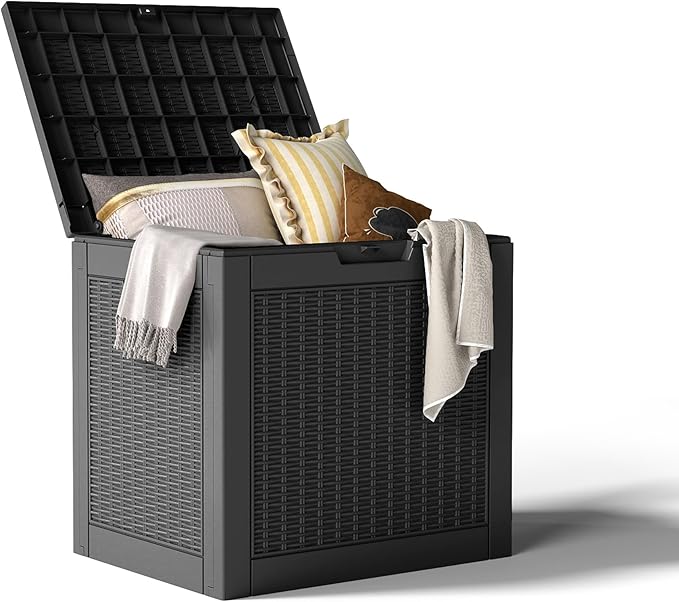 Vixzen 31 Gallon Waterproof Resin Deck Box, UV Resistant Outdoor Storage for Garden, Patio, Porch, Delivery,Rattan （Black，31 Gallon）