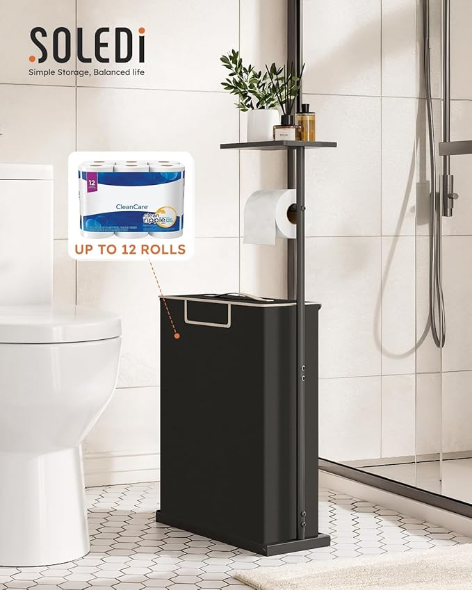 Toilet Paper Holder Free Standing with Storage for Up to 12 Rolls,Rustproof Metal Black Toilet Paper Stand with Shelf,All-in-One Toilet Tissue Roll Dispenser and Organizer with a Lidded Basket