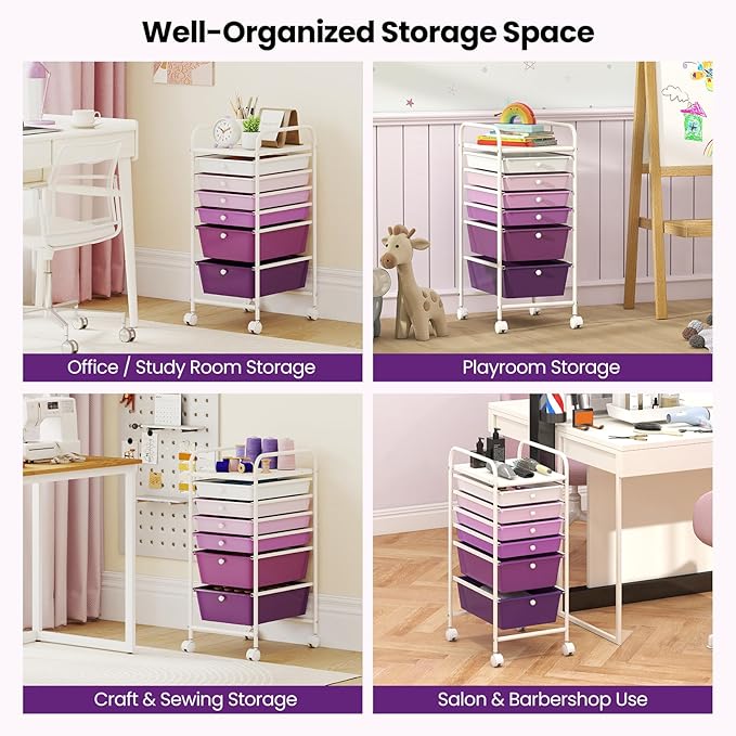 Giantex 6 Storage Drawer Cart Rolling Organizer Cart for Tools Scrapbook Paper Home Office School Multipurpose Mobile Utility Cart, Purple Gradient