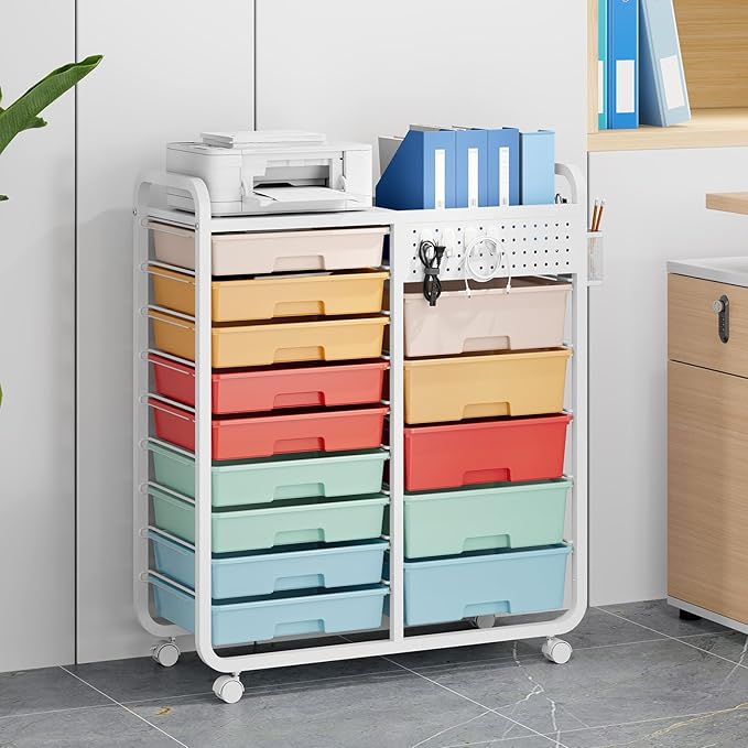Rolling Storage Cart with 14 Drawers, Storage Organizer Cart with Tabletop and Pegboard,Utility Cart for Living Room, Classroom, Bedroom,Bathroom,Dorm,Office (Rainbow)