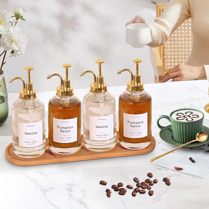 Coffee Syrup Dispenser for Coffee Bar, 16.9oz 500ml Glass Syrup Dispenser w Golden Coffee Scoop, Coffee Syrup Pump Dispenser w 36 Labels and Bamboo Tray, Coffee Syrup Bottles with Golden Pump, 4PCS