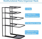 Toplife 2 Pack Heavy Duty Pan Organizer, 5 Tier Pot and Pan Organizer Rack for Cast Iron Skillets, Griddles and Pots - Sturdy Steel Construction- No Assembly Required - Black