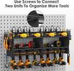 CCCEI Modular Power Tool Organizer Wall Mount Charging Station, Black 6 Drills Holder with 8 Plug Power Strip, Garage Drill Battery Heavy Duty Metal Shelf, Utility Rack with Hooks, Side Storage.
