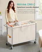 SONGMICS Laundry Basket with Wheels, 4-Section Rolling Laundry Hamper, 68.6 Gallons (260 L), Removable Liner, Steel Frame with Handle, 43.3 x 15.4 x 31.9 Inches, Cream White URLS014W01