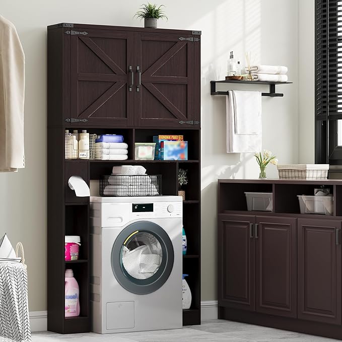 Vabches Over The Toilet Storage Cabinet, Farmhouse Storage Cabinet Over Toilet with 2 Barn Doors ，Toilet Paper Holder Stand，Home Space-Saving Toilet Rack, for Laundry, Restroom, Bathroom(Walnut)