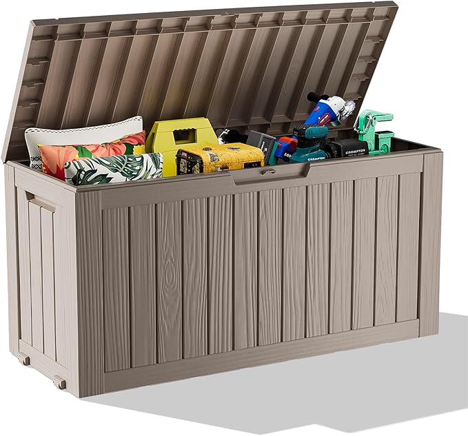 90 Gallon Deck Box Outdoor, Waterproof Outdoor Storage Boxes with Lids, Outside Resin Lockable Storage Box for Patio Cushions, Garden Tools(Grey)