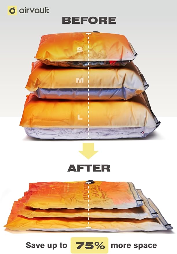 AirVault Vacuum Storage Bags for Travel & Home - Space Saver Compression Packing Bags Set for Clothes, Blankets & Seasonal Storage, Small (2), Medium (4), Large (4) (Orange,10-Pack Combo)