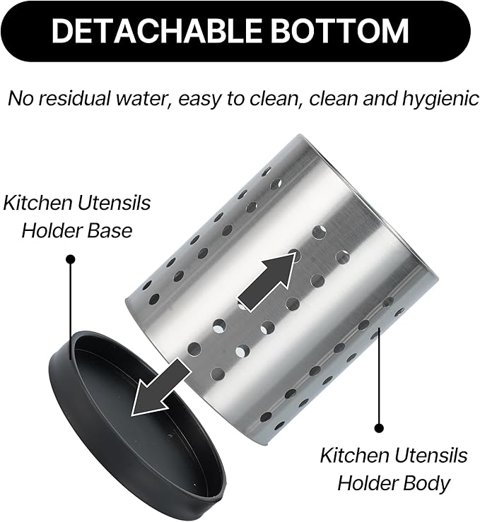 2Pcs Kitchen Utensils Holder with Base, Stainless Steel Spoon Holder, Silverware Countertop Organizer, Round Shape Essential Flatware Drying Rack, Silver (Small + Large)