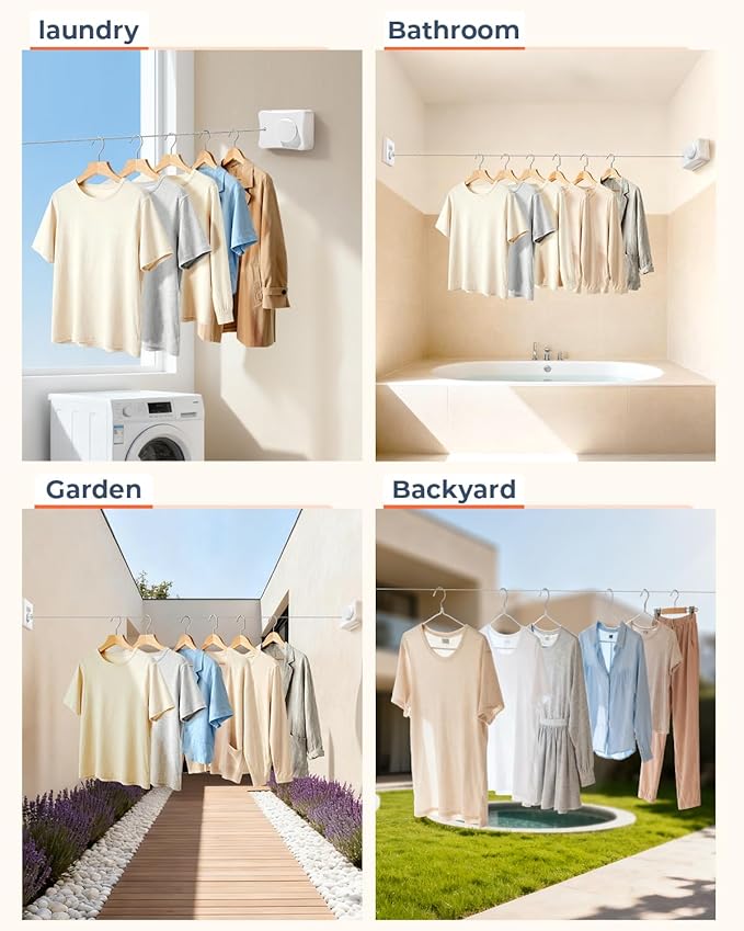 Retractable Clothesline 16.7 ft – Heavy-Duty 44 lb, Rust-Proof Stainless Steel, Wall-Mounted Indoor/Outdoor Laundry Line, Easy Install for Bathroom, Balcony & Apartment (White, Single Line)