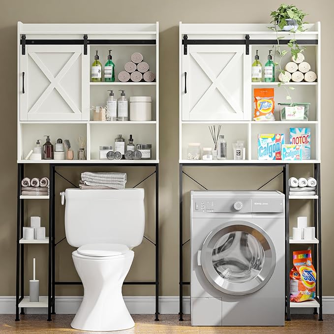 Vabches Over The Toilet Storage Cabinet, Farmhouse Storage Cabinet Over Toilet with Sliding Door & Toilet Paper Holder Stand, Home Space-Saving Toilet Rack for Bathroom, Restroom