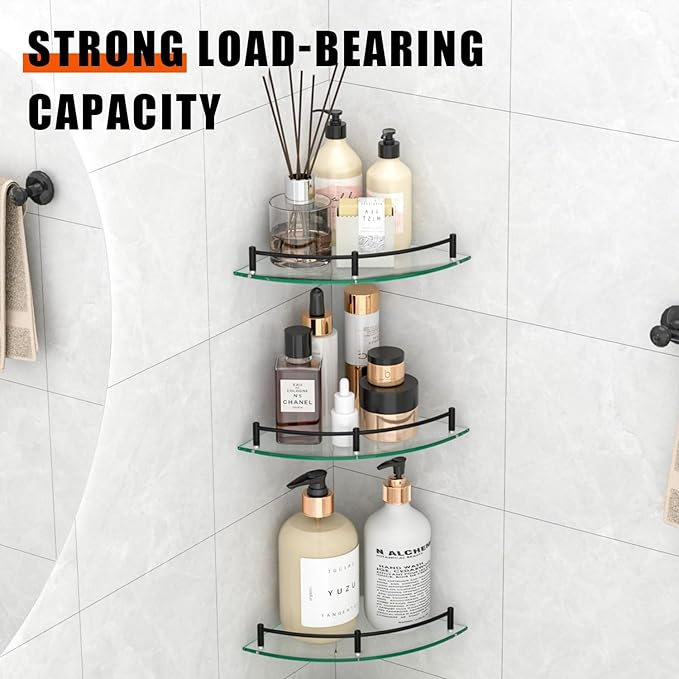 Glass Corner Shelf for Bathroom Corner Shelf, 3 Pack Tempered Glass Shelf with Electroplating Black Metal Rails，Suitable for Bathroom