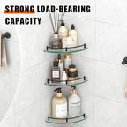 Glass Corner Shelf for Bathroom Corner Shelf, 3 Pack Tempered Glass Shelf with Electroplating Black Metal Rails，Suitable for Bathroom