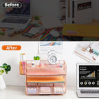 Lavatino 4-Tier Desk Paper Letter Tray Organizer for Desk Accessories & Workspace Organizers with Drawer and 2 Pen Holder for Home, School, Office Supplies Storage (Rose Gold)