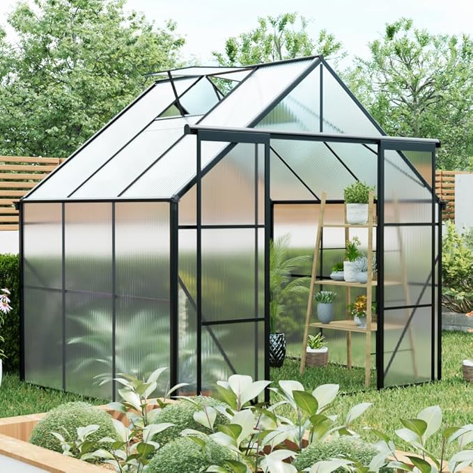 Heavy-Duty Walk-in Polycarbonate Greenhouse with Dual Sliding Doors, Adjustable Roof Ventilation, and Galvanized Steel Base for Year-Round Outdoor Gardening (Black 8*6FT)