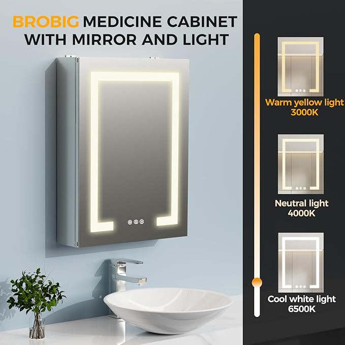 20 * 26 Smart LED Lighted Bathroom Medicine Cabinet Mirror with Touch Control, 3-Color Temperature, Stepless Dimming, 1-Hour Auto-Off – Ideal for Modern Bathrooms and Makeup Routines