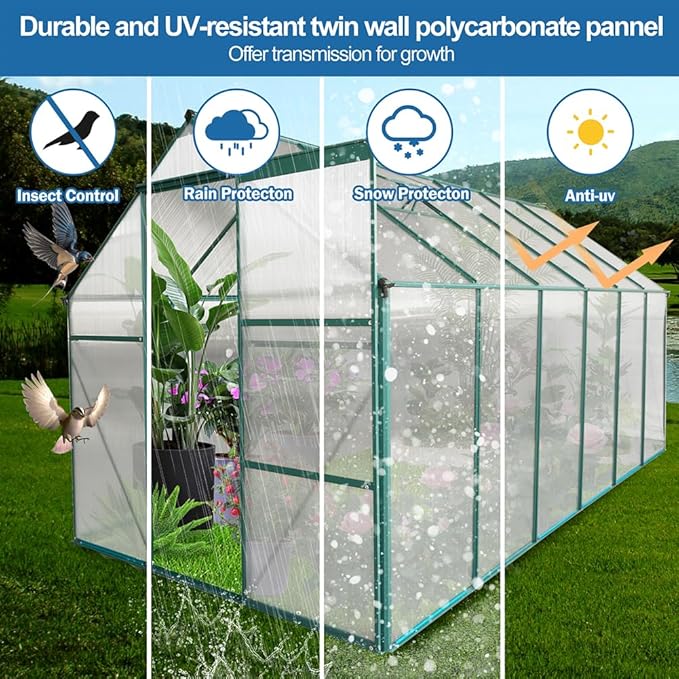 Polycarbonate Greenhouse with Rain Gutter and Roof Vent, Raised Base and Anchor Aluminum Heavy Duty Walk-in Green House, Outdoor Patio Sunroom with Sliding Door (Green, 146.06*74.8*76.77in)