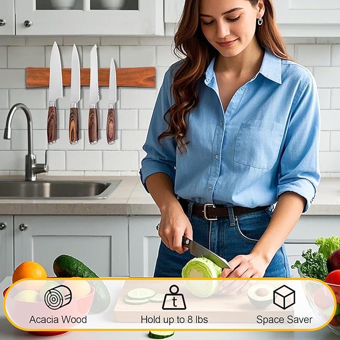 16 Inch Magnetic Knife Holder for Wall, Solid Acacia Wood Knife Magnetic Strip for Fridge, No Drill Wall Mount Knife Magnet Tool Bar, Wooden Knives Rack Block for Kitchen Utensil Organizer RV Storage