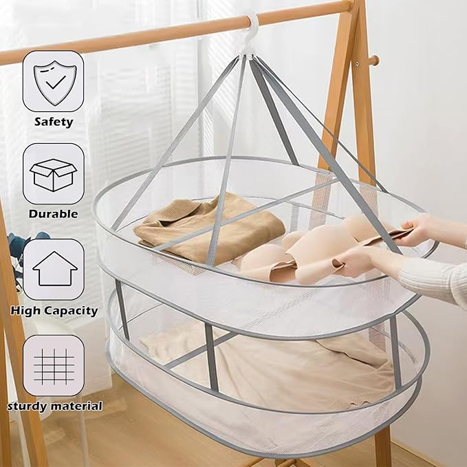 2 Tier Clothes Drying Rack Foldable, 31.5" Mesh Clothes Hanging Dryer, Space Saving Sweater Drying Rack, Laundry Rack,with Internal Fixation, for Clothes, Towels, Underwear, Indoor, Outdoor (2 Pcs)