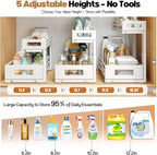 L-Shaped Metal Under Sink Organizer, 2-Tier Double Pull-Out Cabinet Organizer for Kitchen & Bathroom Storage, Height Adjustable, Smooth Cylinder Rail, White, 2 Packs