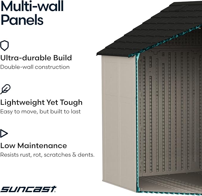 Suncast 8x10 Ft. Outdoor Storage Shed - Large Resin Outdoor Shed with Floor Included, Lockable Double Doors & Skylights. 547 Cu Ft Tremont Garden Resin Sheds for Lawn Tools, Riding Mowers, & Bikes