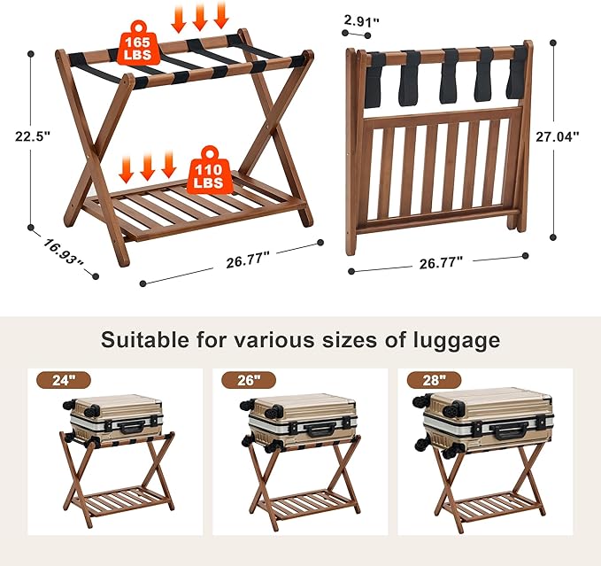 Fully Assembled Walnut Luggage Racks Set of 2, Bamboo Luggage Rack Stand for Guest Room, 5 Nylon Straps, 26.77" Folding Suitcase Stand with Storage Shelf for Bedroom Hotel, Holds up to 165 Lbs