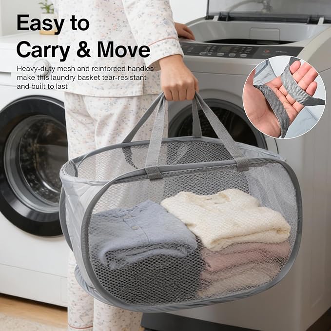 Pop Up Laundry Hamper, Large Collapsible Clothes Basket with Sturdy Handles, Foldable Mesh Storage Bin for Home, Dorm, Travel, Grey